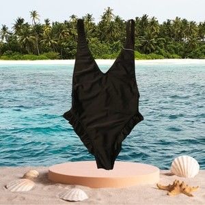 Diana Secret One Piece Swimsuit Black Deep V Ruffle Trim Size L NWOT